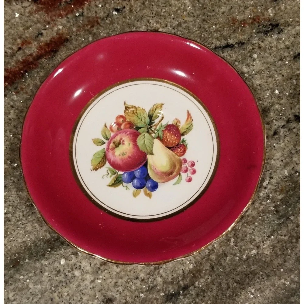 Vintage Windsor Bone China Cup and Saucer With Fruits Deep Pink England